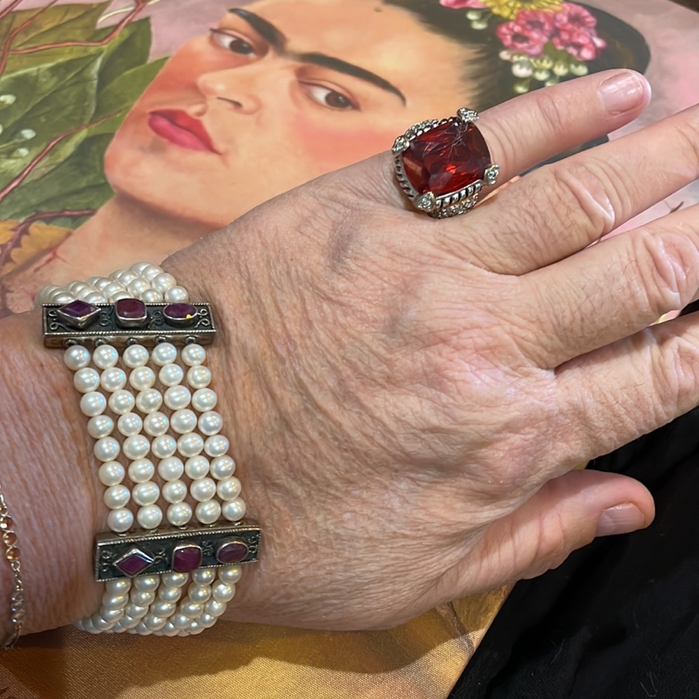 Sterling Silver, Ruby And Pearl 5 Strand Bracelet. - image 8